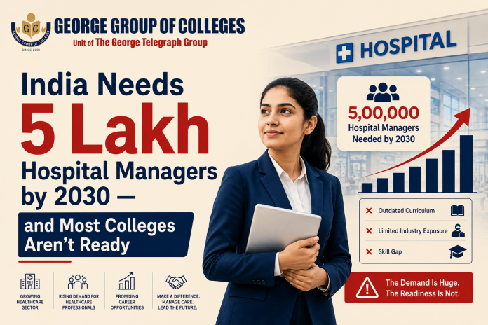 Hospital management team reviewing operations in an Indian hospital, representing the growing demand for hospital managers in India by 2030 Hospital management team reviewing operations in an Indian hospital, representing the growing demand for hospital managers in India by 2030